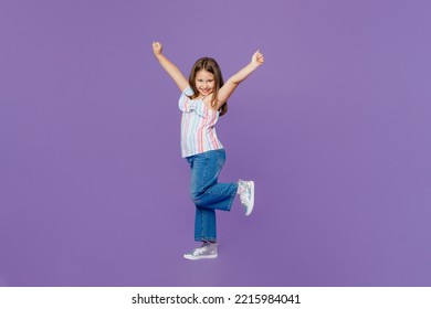 Full Body Little Kid Child Girl 6-7 Years Old Wears Casual Clothes Look Camera Do Winner Gesture Rejoicing Isolated On Plain Pastel Light Purple Background. Mother's Day Love Family Lifestyle Concept