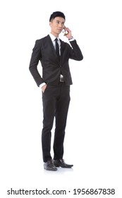 Full Body Man Business Black Suit ,tie With Black Pants ,shoes Uses A, Mobile ,phone,posing In Studio