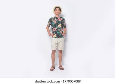 Full Body Man Casual Summer Wearing New Stylish Fruit Printed T-shirts With Khaki Pants Shorts And Flip Flop With Hands Holds Pockets Standing