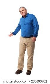 Full Body Mature Man Doing A Welcome Gesture