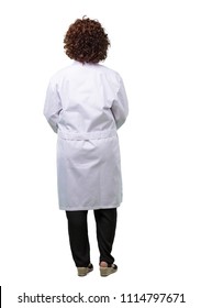 Full body middle age doctor woman showing back, posing and waiting, looking back