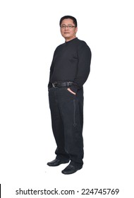 Full Body Middle Aged Man In Black Dress With Sunglasses Posing