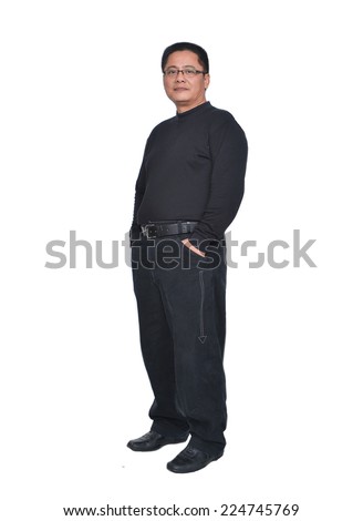Full body Middle Aged Man in black dress with sunglasses posing