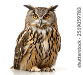 full body owl portrait standing looking at screen on white background