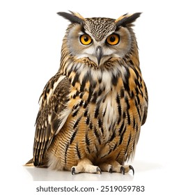 full body owl portrait standing looking at screen on white background