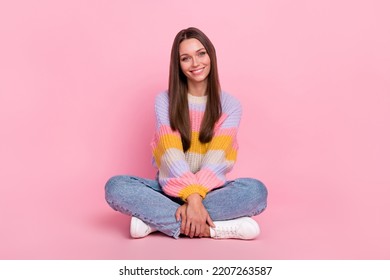 Full Body Photo Of Adorable Satisfied Person Sit Floor Crossed Legs Isolated On Pink Color Background