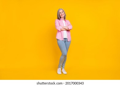 Full Body Photo Of Aged Woman Happy Positive Smile Crossed Hands Confident Isolated Over Yellow Color Background