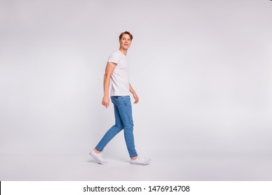 Full Body Photo Of Amazing Guy Walking Down Street Wear Casual Outfit Isolated On White Background