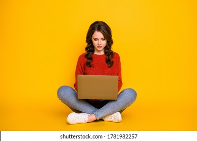 Full body photo of attractive curly lady good mood sitting floor working with computer stay home remote worker wear red knitted sweater blue jeans isolated bright yellow color background