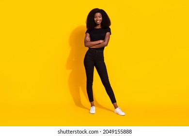 Full Body Photo Of Charming Young Happy Afro American Woman Hold Hands Crossed Isolated On Yellow Color Background