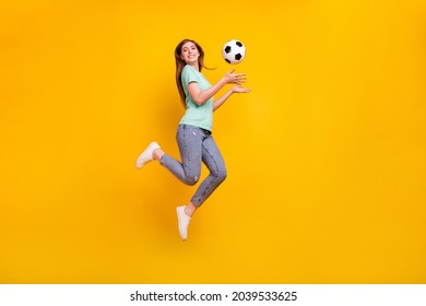 Full Body Photo Of Cool Brunette Hairdo Millennial Lady Jump Wear T-shirt Jeans Sneakers Isolated On Yellow Background