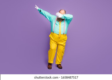 Full Body Photo Of Cool Funky Crazy Overweight Man Dance Dancer Dabber On Night Club Wear Teal Pants Shine Isolated Over Purple Color Background