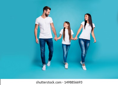 Full body photo of daddy mommy and small lady walking down street to zoo wear casual outfit isolated blue background