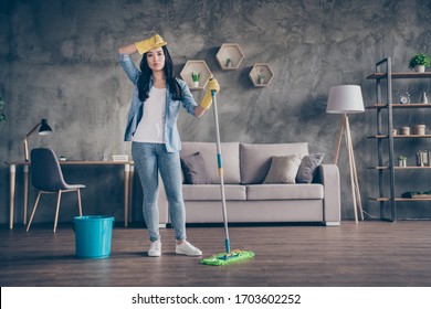 Full Body Photo Of Domestic Tired Asian Lady Standing Living Room Finished General Cleaning Stay Home Quarantine Clean House Every Day Tidy Spacious Flat Housemaid Indoors