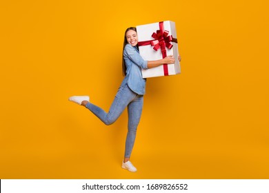 Full Body Photo Energetic Content Girl Celebrate 8-march 14-february Day Hug Big White Gift Box Red Ribbon She Get Friends Family Wear Good Look Shirt Isolated Bright Shine Color Background