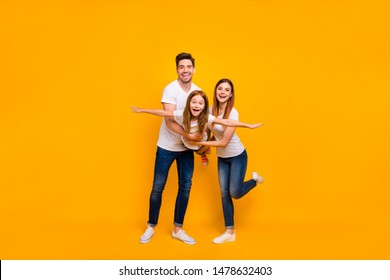 Full Body Photo Of Family Spending Leisure Time Together Wear Casual Outfit Isolated Yellow Background