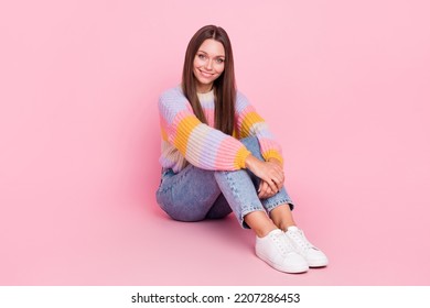 Full Body Photo Of Gorgeous Glad Person Sit Floor Toothy Smile Isolated On Pink Color Background