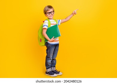 Full body photo of little clever blond boy point empty space wear white t-shirt bag jeans sneakers eyewear isolated on yellow background - Powered by Shutterstock