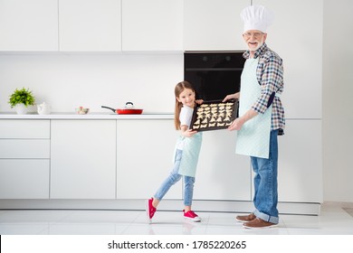 Full Body Photo Of Little Pretty Girl Granddaughter Grandpa Chef Cap Showing Ready Cookies On Tray Hobby Baking Together Free Time Weekend Home Kitchen Indoors