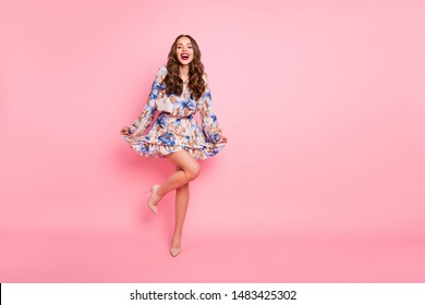 Full body photo of nice lady ready for prom night wear cute dress isolated pink background