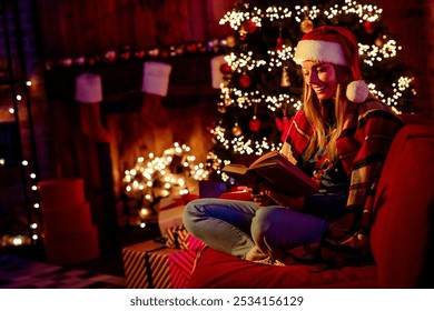 Full body photo of nice young girl sit couch read book wear christmas clothes garland light home party decoration interior room - Powered by Shutterstock