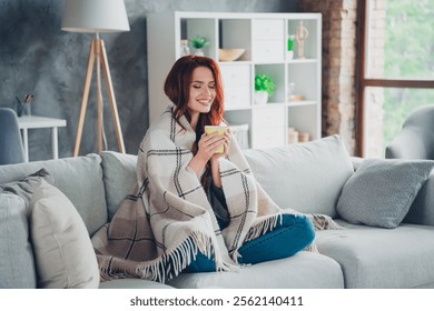 Foto de cuerpo completo de la muchacha joven agradable del jengibre sienta el sofá envuelto la manta bebida café desgaste la ropa caqui disfruta del piso interior acogedor moderno adentro