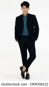 Full Body Photo Portrait Of Young And Handsome Asian Businessman On Wearing Shirt And Jacket Casual Dress On White Background