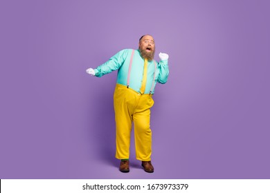 Full Body Photo Of Positive Cheerful Fat Man Enjoy Dancing On Discotheque Wear Turquoise Shirt Trousers White Gloves Isolated Over Vivid Color Background