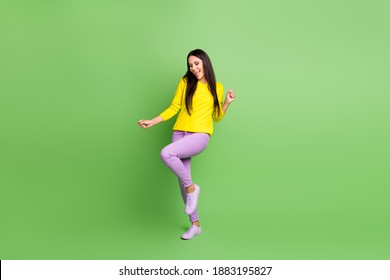 Full Body Photo Of Pretty Person Dancing Have Good Mood Open Mouth Isolated On Green Color Background