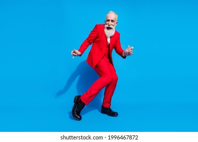 Full body photo of senior man excited happy positive smile dance music party isolated over blue color background