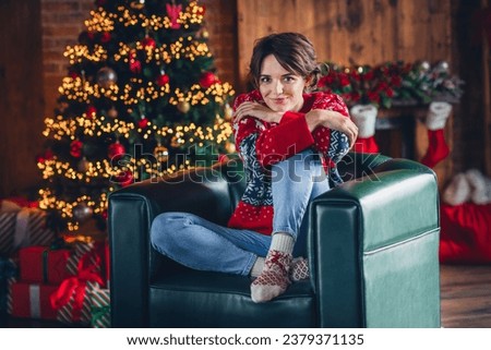 Full body photo of sit leather green couch young lady dreamy waiting midnight miracle 2024 happy new year isolated on xmas tree background