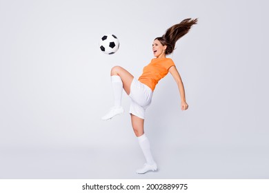 Full Body Photo Of Skilled Lady Soccer Team Player Euro 2020 League Game Take Ball On Knee Showing Trick Wear Football Uniform T-shirt Shorts Cleats Socks Isolated White Color Background