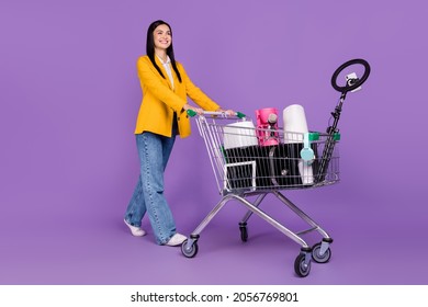 Full Body Photo Of Stylish Business Lady Model Lest Swap Old Items Wear Casual Outfit Isolated On Violet Color Background