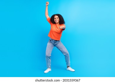 Full Body Photo Of Young African Woman Happy Positive Smile Ride Horse Rodeo Western Isolated Over Blue Color Background