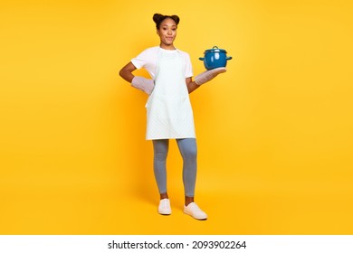 Full Body Photo Of Young African Woman Cook Dinner Healthy Diet Calories Eat Isolated Over Yellow Color Background