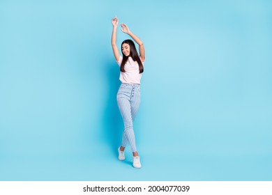 Full Body Photo Of Young Attractive Asian Girl Happy Positive Smile Hands Up Elegant Isolated Over Blue Color Background