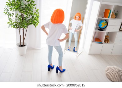 Full Body Photo Of Young Cheerful School Girl Happy Positive Smile Look Mirror Wear Dyed Wig Fitting High-heels Shoes Stylish Indoors