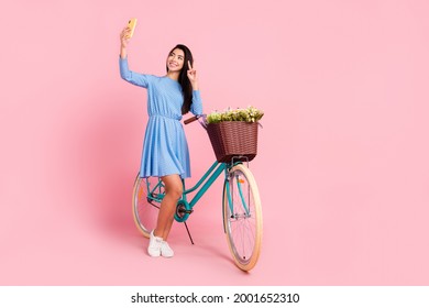 Full body photo of young girl happy smile make selfie phone show peace v-sign rider isolated over pastel color background