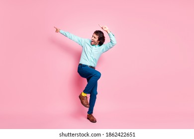 Full Body Photo Of Young Handsome Cheerful Positive Man Enjoy Music Dance Isolated Over Pink Color Background