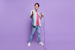 Full Body Photo Of Young Man Happy Positive Smile Point Finger You Choice Star Stage Singer Isolated Over Purple Color Background