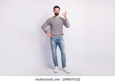 Full body photo of young man show fingers okey symbol advertise choice isolated over grey color background