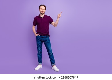 Full Body Photo Of Young Man Indicate Finger Empty Space Promo Recommend Select Isolated Over Violet Color Background