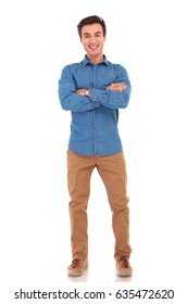 Full Body Picture Of A Laughing Casual Man With Hands Crossed On White Background