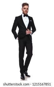 Full Body Picture Of A Young Elegant Man In Tuxedo , Standing On White Background