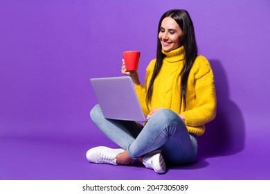 Full Body Portrait Of Adorable Satisfied Person Hold Coffee Mug Look Laptop Isolated On Purple Color Background