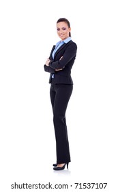 Full Body Portrait Of Business Woman With Crossed Arms, Isolated On White