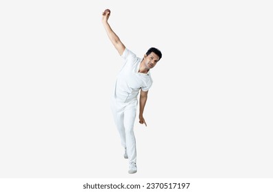 full body Portrait of cricket man in bowling action indoor studio shoot, cricket concept shoot - Powered by Shutterstock