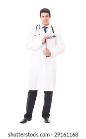 Full Body Portrait Of Doctor With Clipboard, Isolated On White