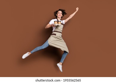 Full body portrait of excited cheerful lady hold coffee cups raise fist up flying isolated on brown color background