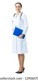 Full Body Portrait Of Female Doctor Or Nurse With Blue Folder, Isolated On White Background